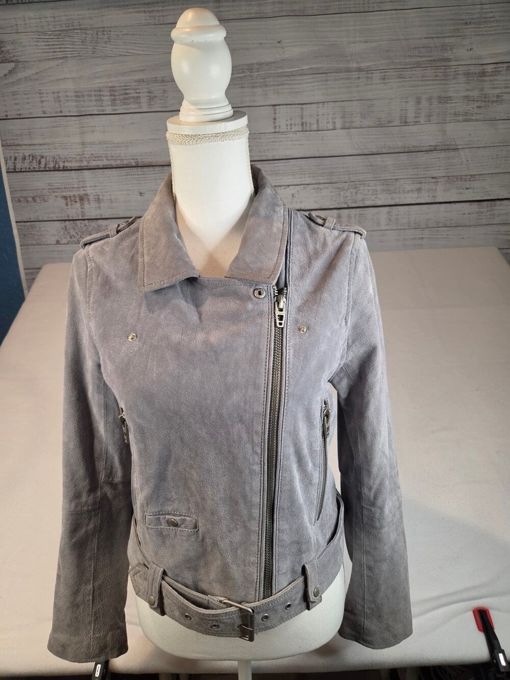 BLANKNYC Gray Genuine Suede Leather Moto Jacket Asymmetric Zip Size M